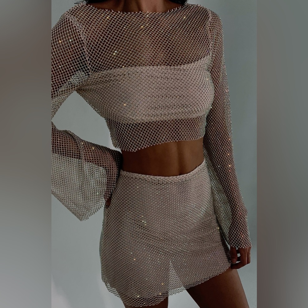 Meshki Hilton Diamante Mesh Cowl Top Cream
